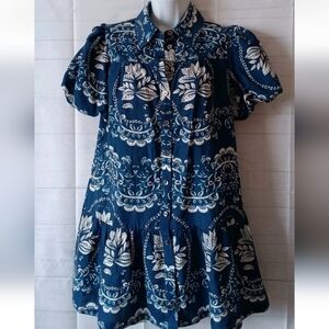 Anthropologie Current Air Blue Floral Puff Sleeve Linen Shirt Dress
